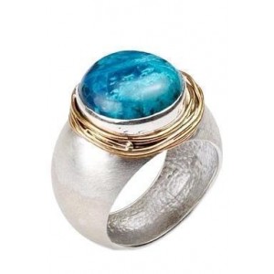 Sterling Silver Ring With Eilat Stone and Gold-Plated Strings by Rafael Jewelry Joyería Judía