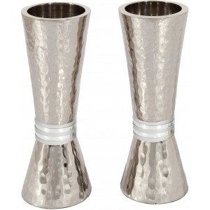 Hammered Nickel Shabbat Candlesticks in Cone Shape with White Ring by Yair Emanuel Judaíca

