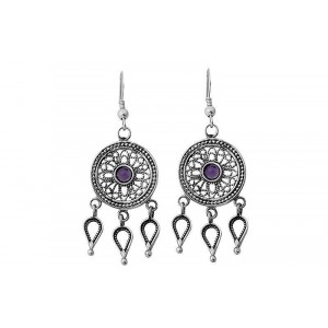 Round Sterling Silver Earrings with Drops & Amethyst by Rafael Jewelry Israeli Jewelry Designers