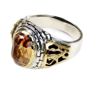 Rafael Jewelry Sterling Silver Ring with Yellow Gold Lion of Judah & Jerusalem Motif and Champagne Stone Jerusalem Jewelry