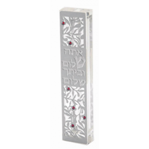 Clear Mezuzah with Vine Detailing & Hebrew Text with Red Gems Judaica Moderna