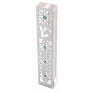 Clear Mezuzah with Silver Flower Design with Turquoise Gems Judaica Tradicional
