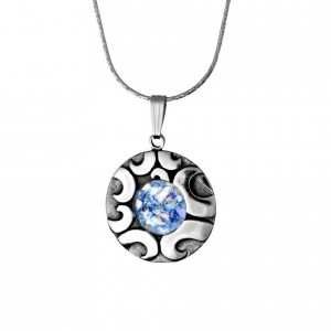 Round Roman Glass and Sterling Silver Pendant by Rafael Jewelry Israeli Jewelry Designers