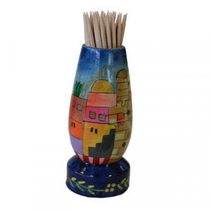 Yair Emanuel Painted Wooden Toothpick Stand with Jerusalem Vista Default Category