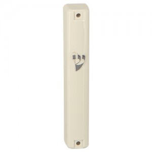 Beige Plastic Mezuzah with Silver Shin and Rubber Plugs Default Category