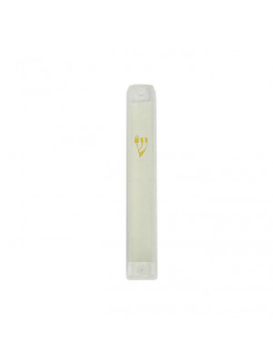 10 Centimetre Mezuzah of White Plastic with Painted Gold Hebrew Letter Shin Default Category