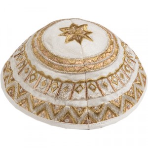 White Kipah by Yair Emanuel with Gold Geometric Embroidery Judaica Moderna