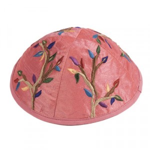 Yair Emanuel Pink Kippah with Colorful Tree Embroidery Judaica Moderna