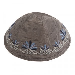 Kipah Yair Emanuel with Date Palm Embroidery in Gray and Blue Judaíca
