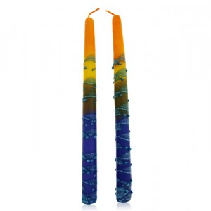 Safed Candles Pair of Shabbat Candles in Orange, Green and Blue Shabat