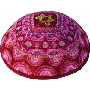 Yair Emanuel Kippah with Gold Star of David and Red Embroidered Decorations Bar Mitzvah

