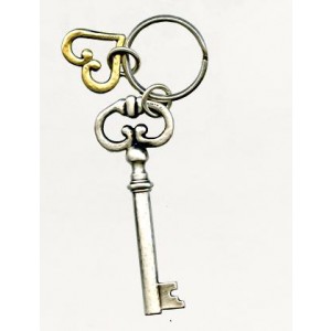 Brass Keychain with Large Skeleton Key and Silver Heart Charm Jewish Souvenirs