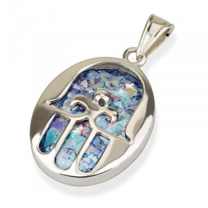 Silver Hamsa Pendant with Roman Glass Israeli Jewelry Designers