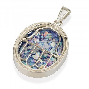 Silver Hamsa Amulet with Roman Glass Israeli Jewelry Designers