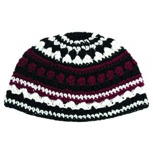 Kippah with Knitted Frik Design in Bordeaux, Black and White Kipot