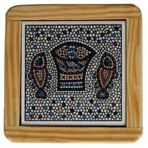 Armenian Wooden Coaster with Mosaic Fish & Bread Default Category