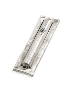 Silver Mezuzah with Hammered Pattern, Hebrew Letter Shin and Dotted Lines Israeli Art