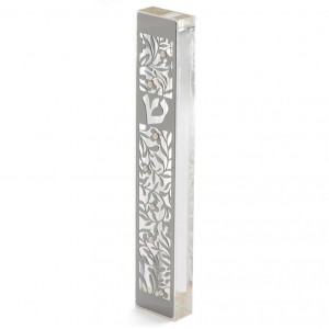 Stainless Steel and Plexiglas Mezuzah with Cutout Shin and Flowers Default Category