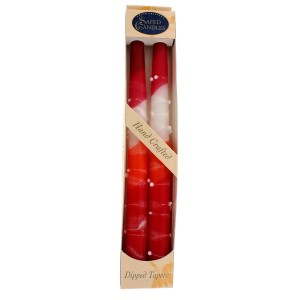 Red, Orange and White Shabbat Candles with White Dripped Lines by Safed Candles Shabat