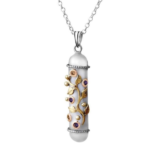 Sterling Silver Amulet Pendant with Gems and Yellow Gold leaves by Rafael Jewelry