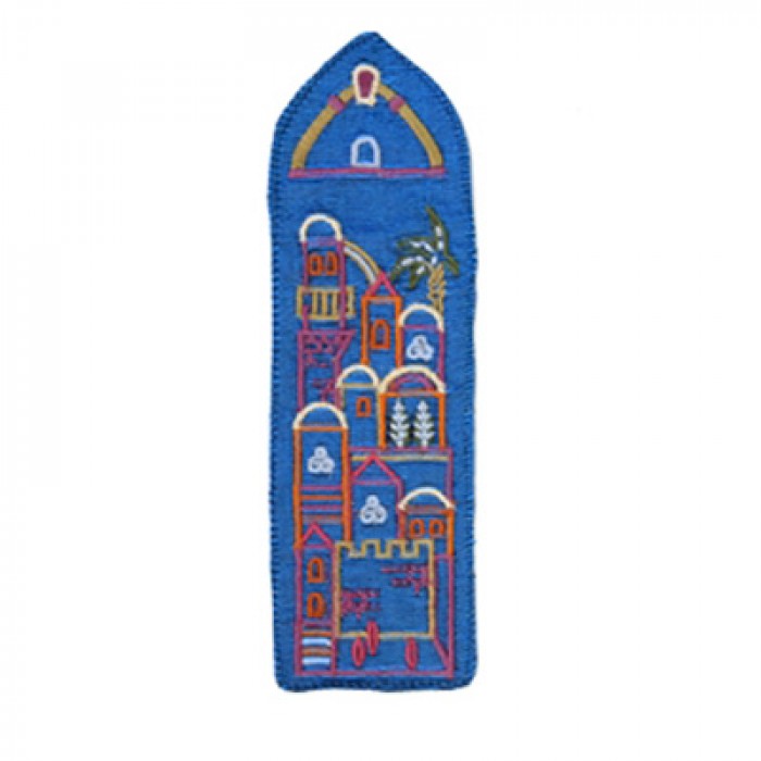 Yair Emanuel Raw Silk Embroidered Bookmark with Jerusalem Depictions in Blue