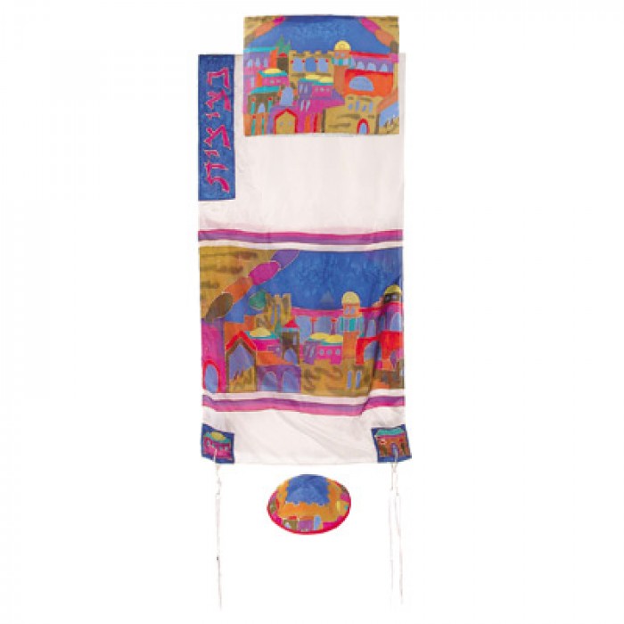 Yair Emanuel Hand Painted Tallit with Jerusalem Gate in White Silk