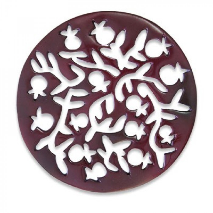 Yair Emanuel Round Anodized Aluminum Trivet with Red Pomegranates
