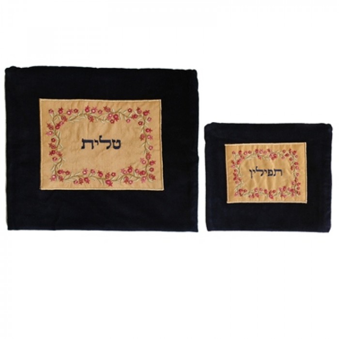 Yair Emanuel Embroidered Tallit and Tefillin Bag with Red Pomegranates in Velvet