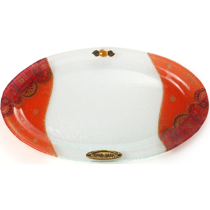 Oval Glass Challah Tray with Red and Orange Geometric Pattern