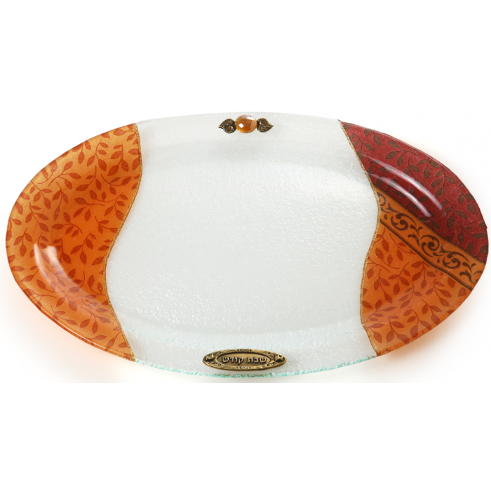 Oval Glass Challah Tray with Fall Leaves and Shabbat Kodesh Plaque