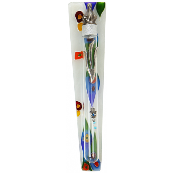 Stained Glass Mezuzah with Flowers, Hamsa, Silver Stripe and Shin