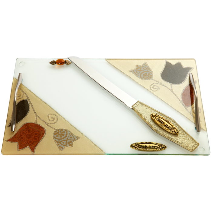 Glass Challah Board with Nickel Handles, Large Tulips and Plaque