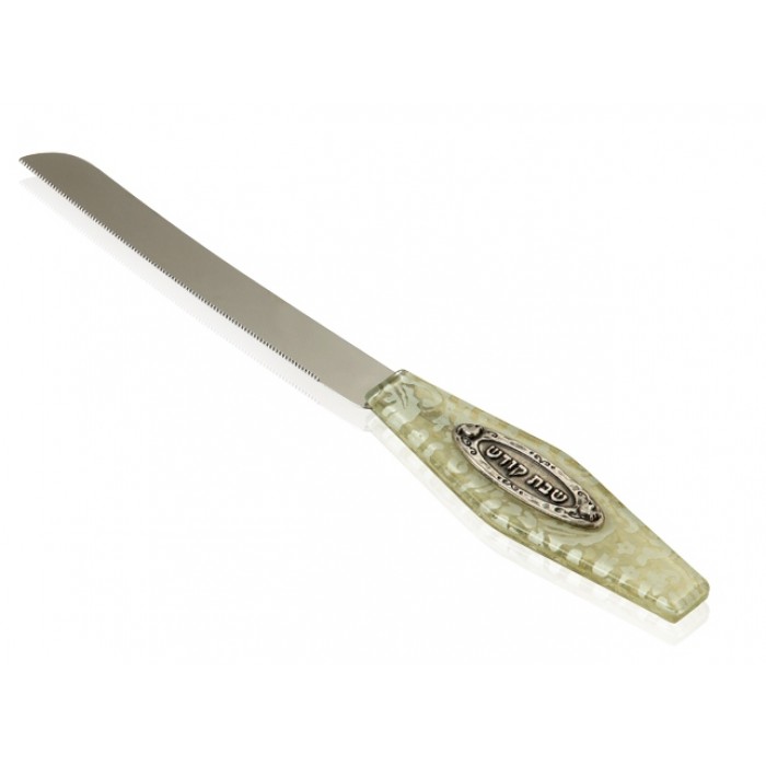 Challah Knife with Green and White Floral Pattern and Plaque