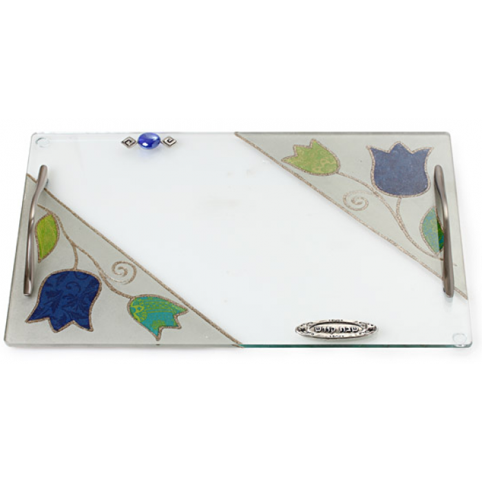 Glass Challah Board with Blue Flower Design and Handles