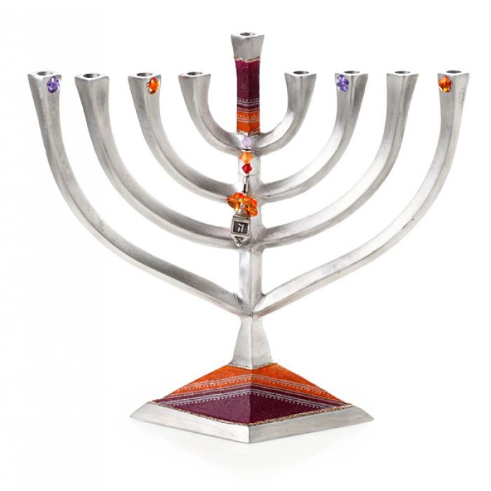 Aluminium Hanukkah Menorah with Purple and Orange Motif