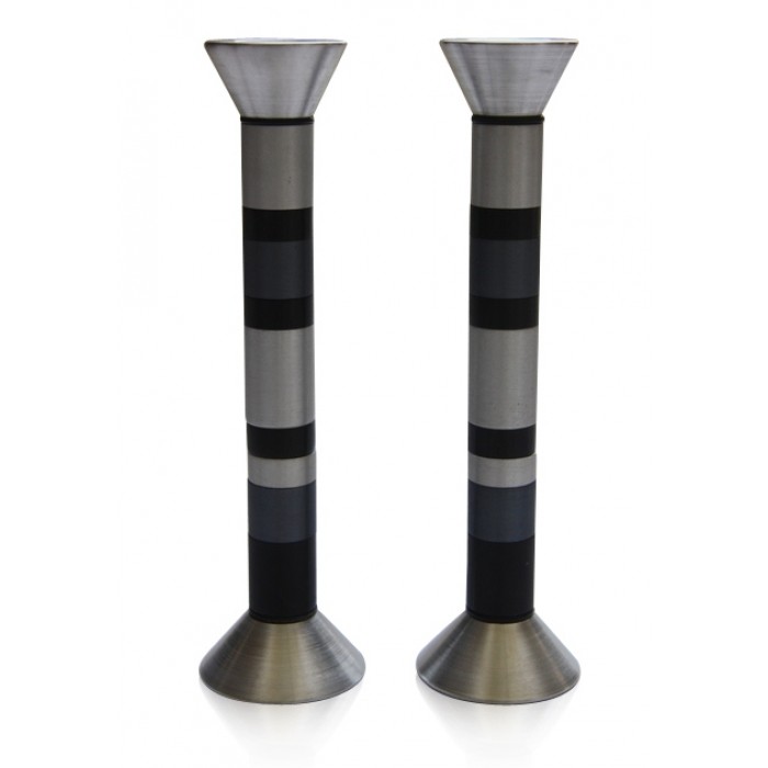 Aluminium Shabbat Candlesticks with Silver, Grey and Black Stripes
