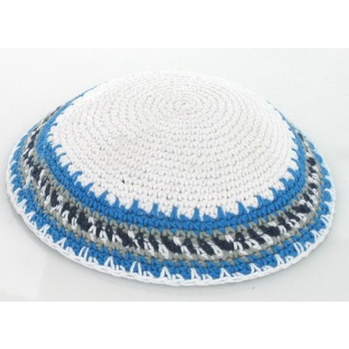 White Knitted Kippah with Blue, Grey and Black Stripes and Wavy Lines
