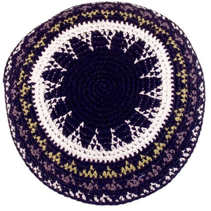 Black Knitted Kippah with White, Yellow and Grey Stripes