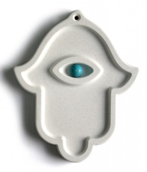 White Hamsa Wall Hanging with Green Stone Eye by ceMMent