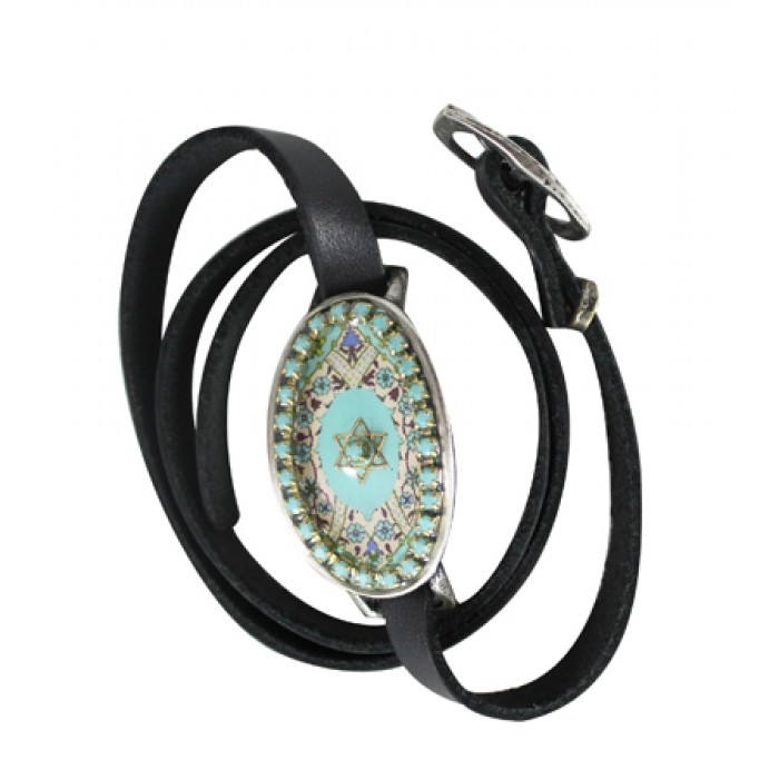 Leather Bracelet with Turquoise Crystals, Star of David and Floral Pattern