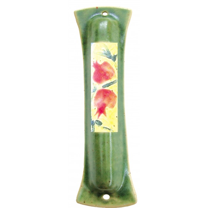 Green Ceramic Mezuzah with Pomegranates and Leaves