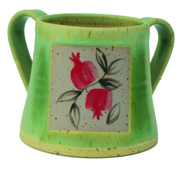 Green Ceramic Washing Cup with Pomegranates and Wide Handles