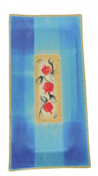 Turquoise Ceramic Tray with Pomegranate Motif and Beige Rectangle