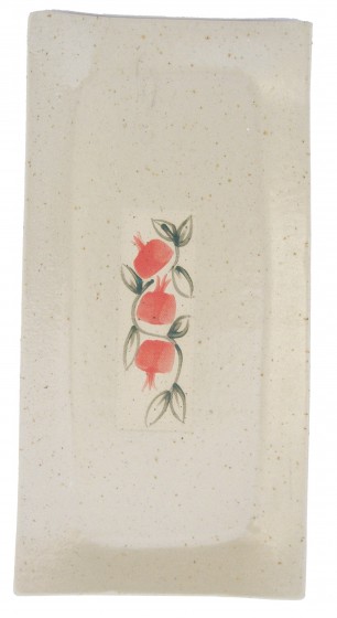 White Ceramic Tray with Red Pomegranates and Green Leaves