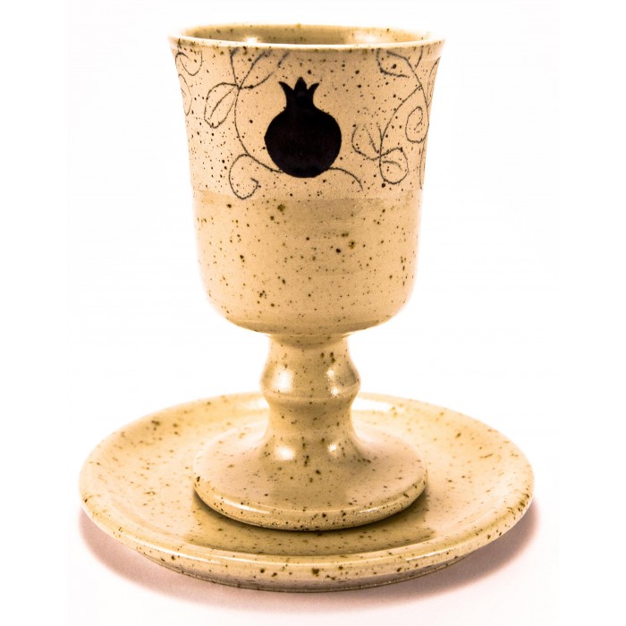 Beige Ceramic Kiddush Cup (With Pomegranate) by Michal Ben Yosef