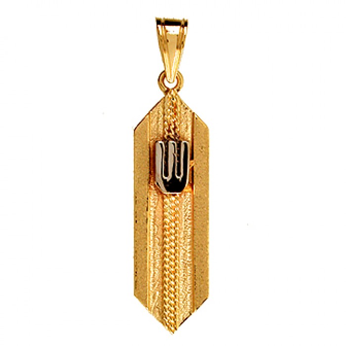 14k Yellow Gold Mezuzah Pendant with Vertical Cord Design and Hebrew Letter Shin