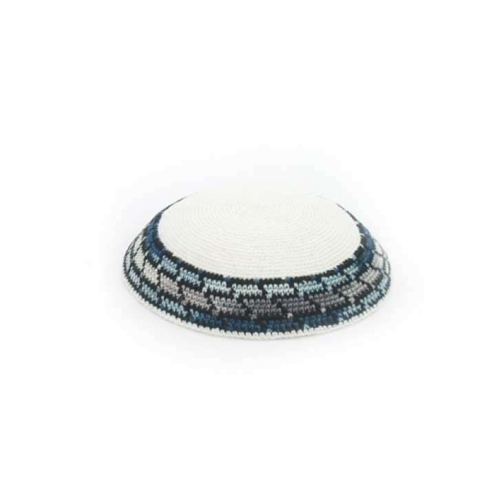 15cm White Knitted Kippah with Blue and Grey Stripes