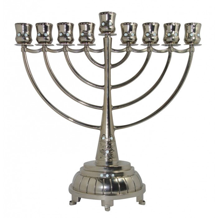 Nickel Hanukkah Menorah with Blue Stones, Floral Pattern and Curved Branches