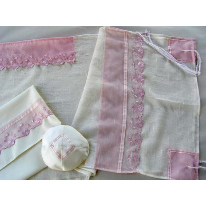 Women’s Tallit with Pink Lace by Galilee Silks