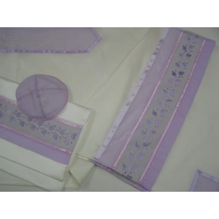 White & Lilac Women’s Tallit with Pomegranates by Galilee Silks